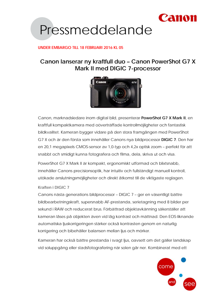 Canon lanserar ny kraftfull duo – Canon PowerShot G7 X Mark II med DIGIC 7-processor