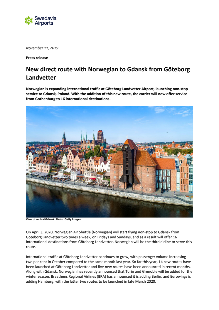 New direct route with Norwegian to Gdansk from Göteborg Landvetter 