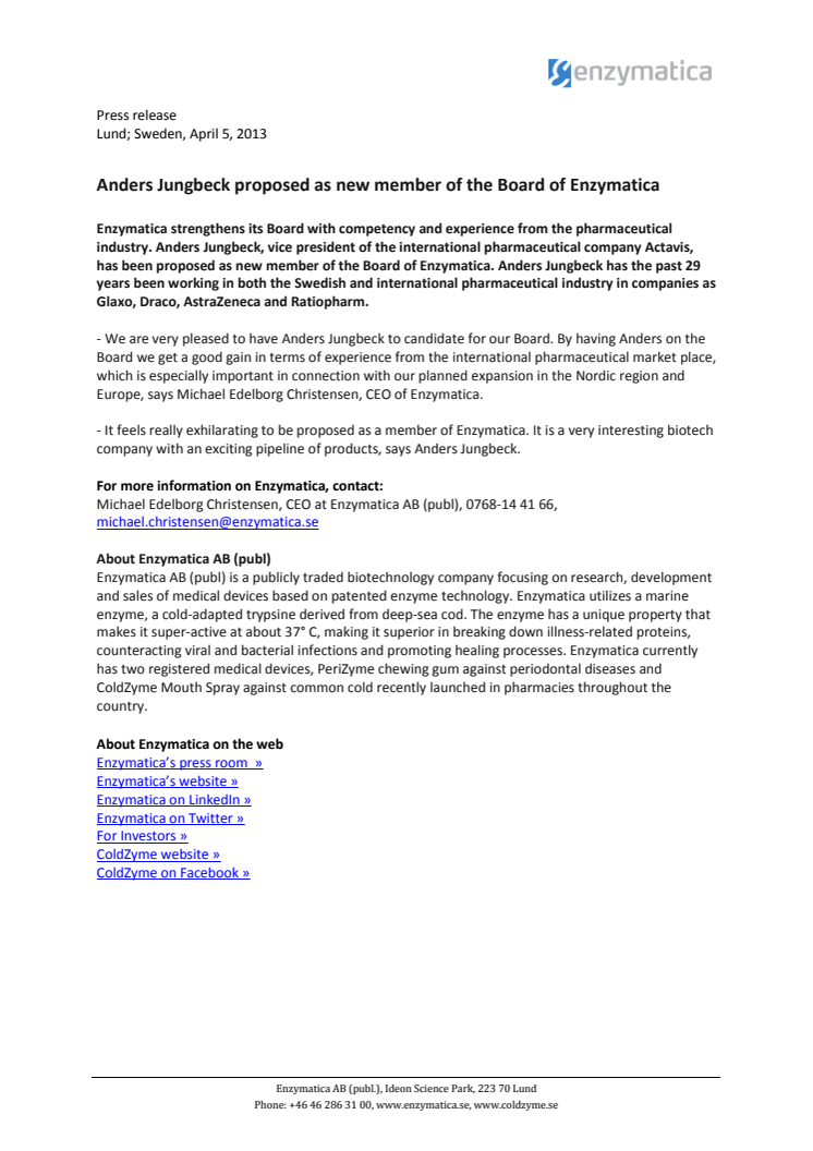 Anders Jungbeck proposed as new member of the Board of Enzymatica