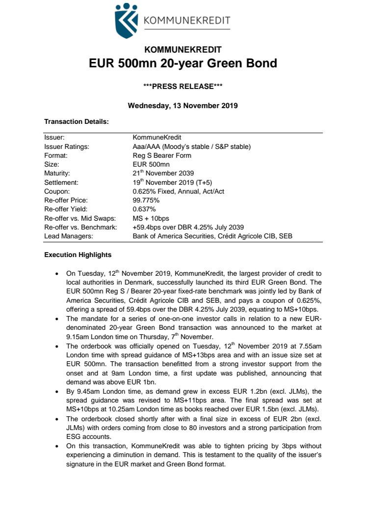 KOMMUNEKREDIT EUR 500mn 20-year Green Bond 