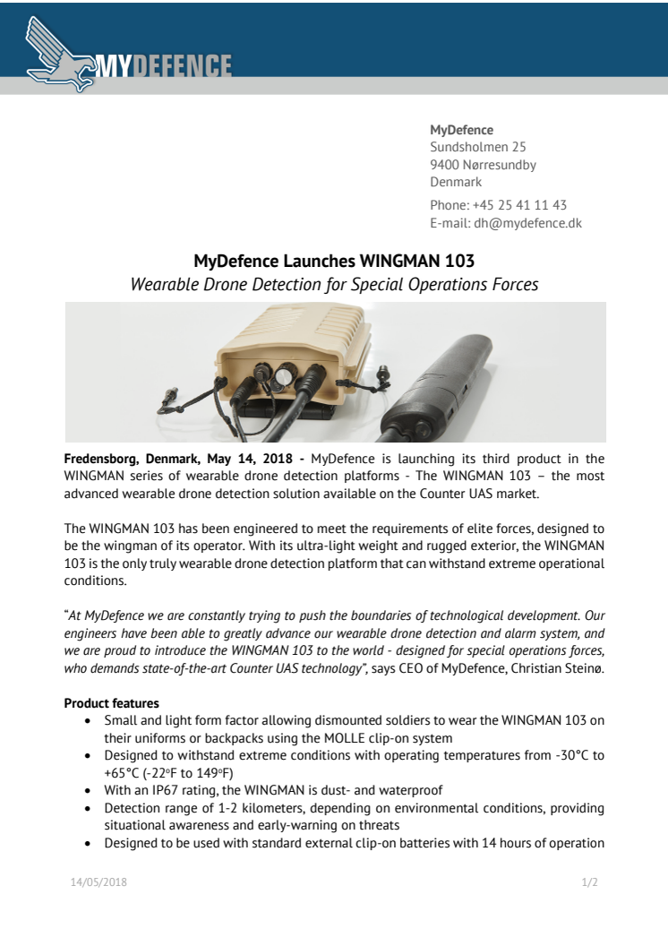 MyDefence Launches the WINGMAN 103 – Wearable Drone Detection for Special Operations Forces