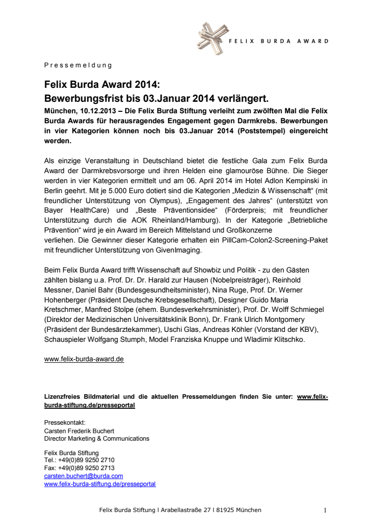 Felix Burda Award 2014: Bewerbungsfrist bis 03.Januar 2014 verlängert.