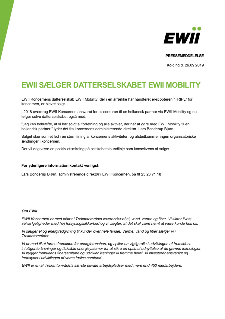 EWII sælger datterselskabet EWII Mobility