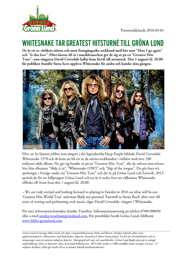 Whitesnake tar Greatest Hitsturné till Gröna Lund