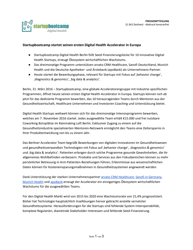 Startupbootcamp startet seinen ersten Digital Health Accelerator in Europa