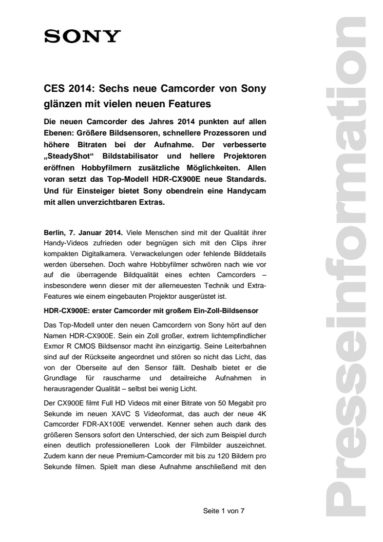 CES 2014: Sechs neue Camcorder von Sony glänzen mit vielen neuen Features