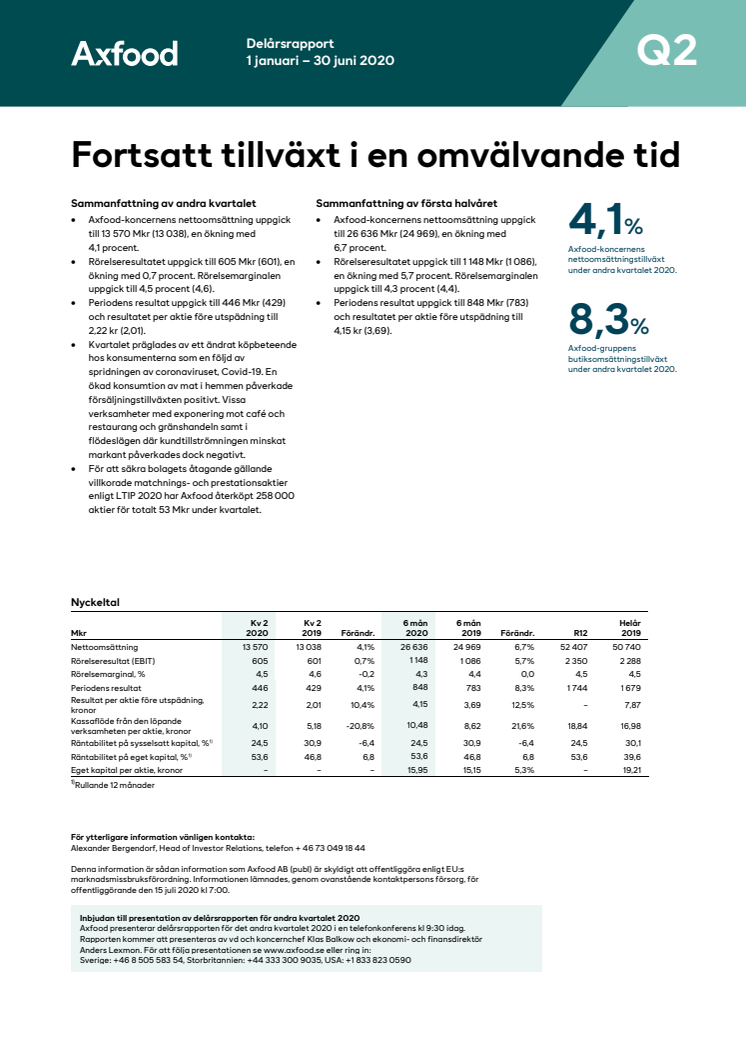 Axfood delårsrapport Q2 2020