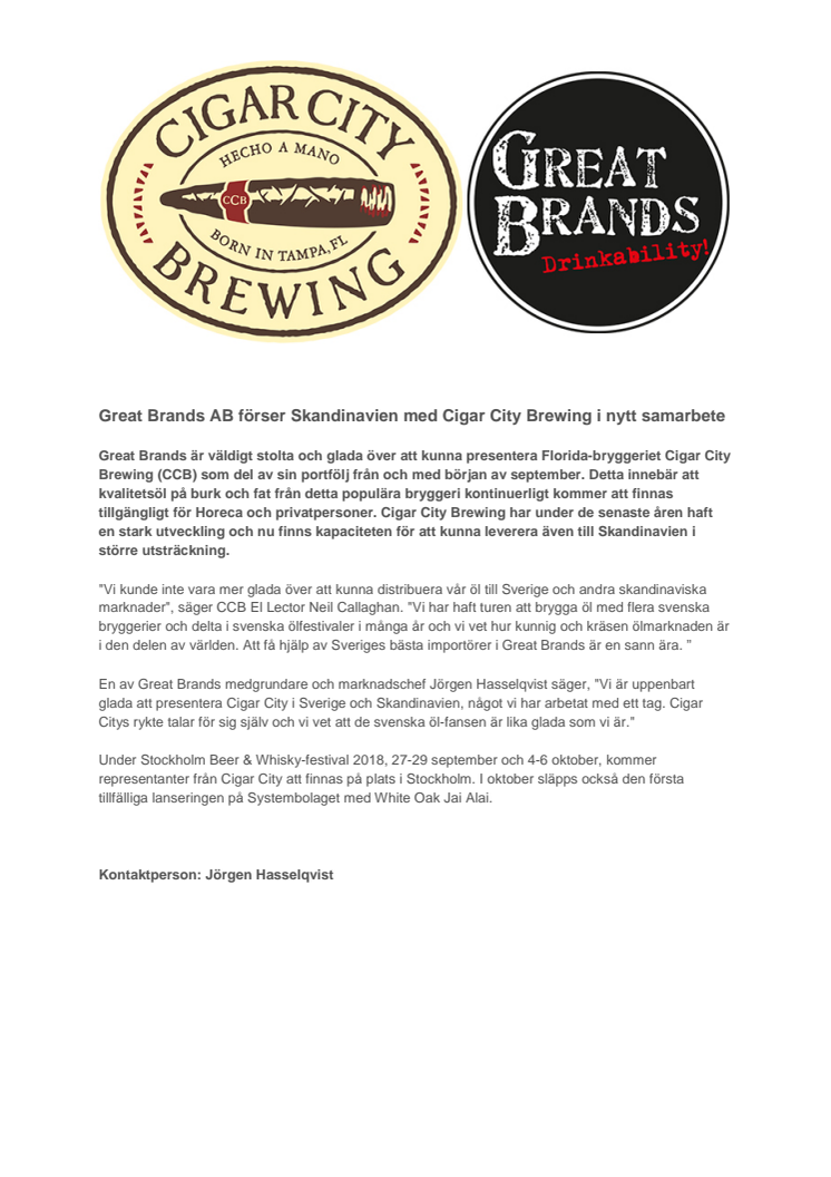 Great Brands AB förser Skandinavien med Cigar City Brewing i nytt samarbete