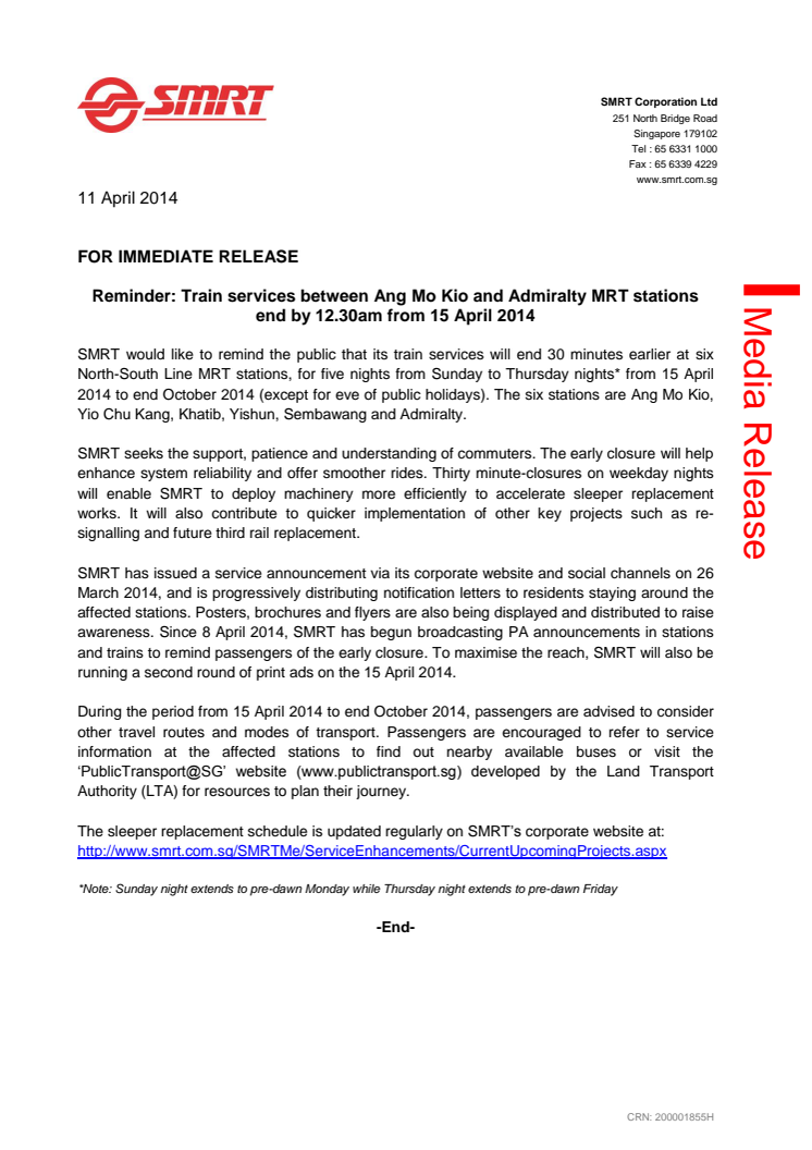 Reminder: Train services between Ang Mo Kio and Admiralty MRT stations end by 12.30am from 15 April 2014