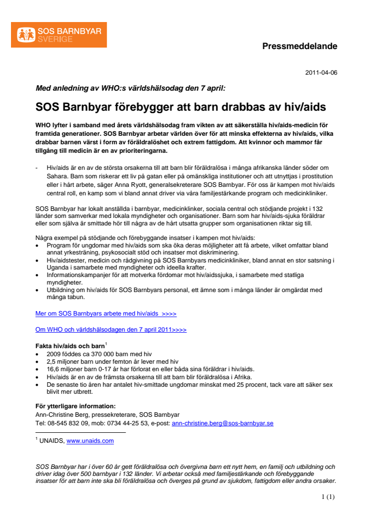 SOS Barnbyar förebygger att barn drabbas av hiv/aids