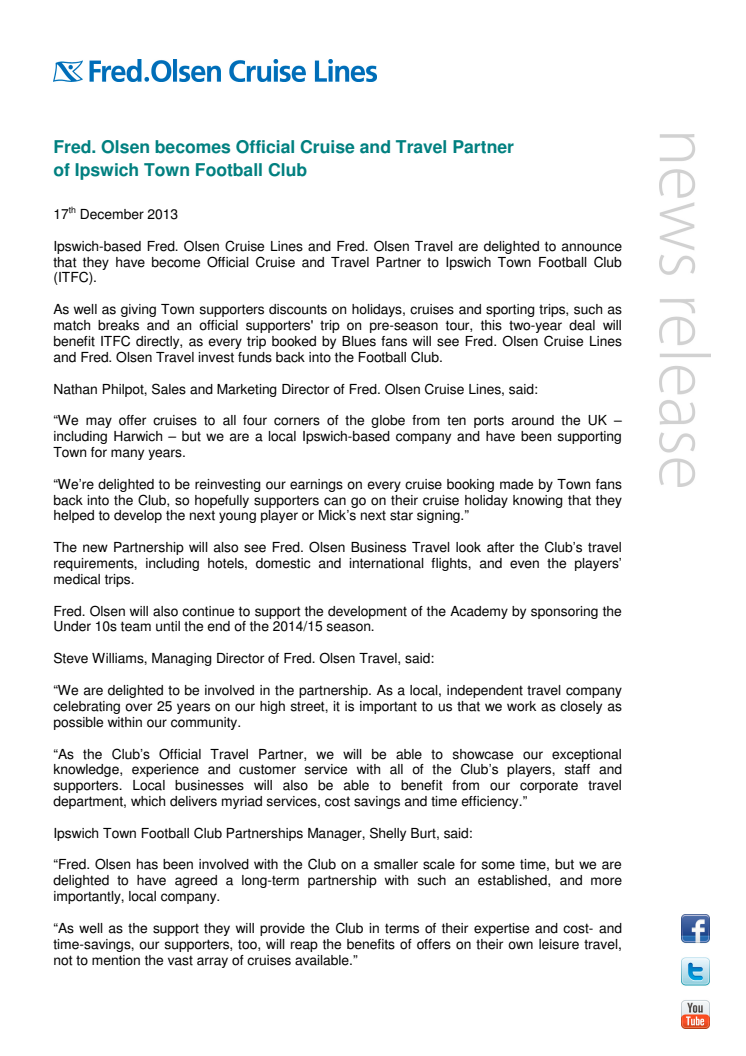 Fred. Olsen becomes Official Cruise and Travel Partner  of Ipswich Town Football Club