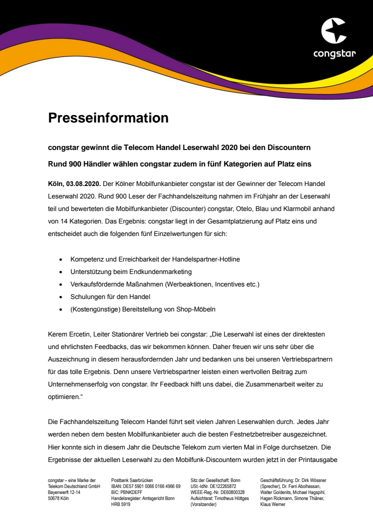 congstar gewinnt die Telecom Handel Leserwahl 2020 bei den Discountern