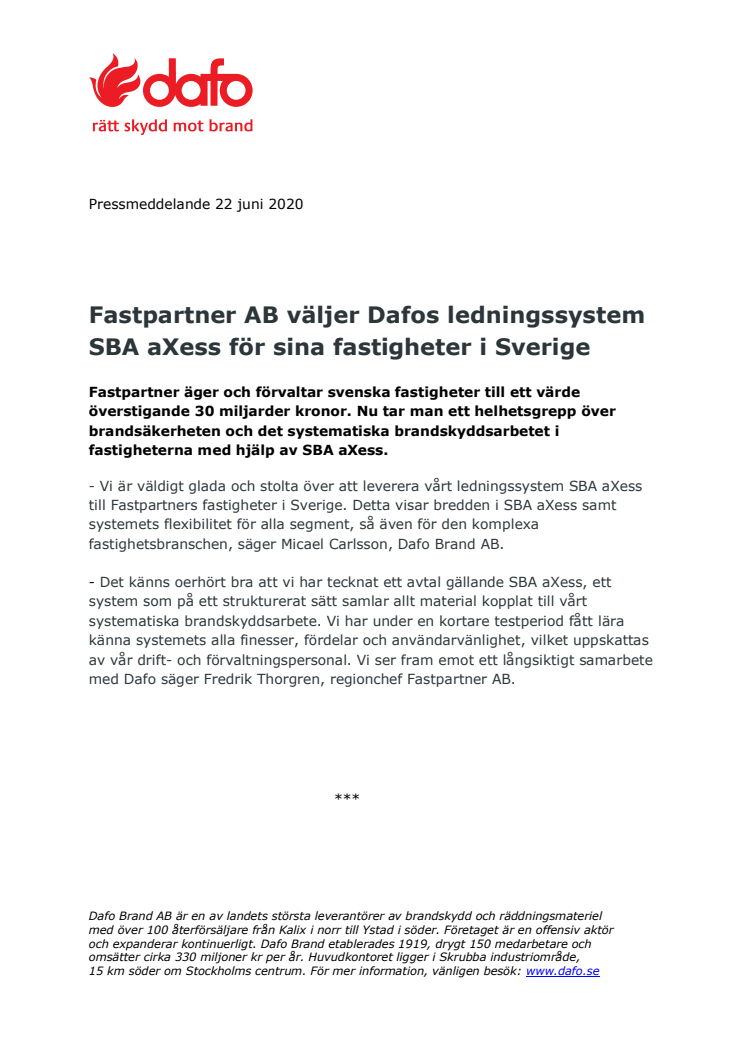 Fastpartner AB väljer Dafos ledningssystem SBA aXess för sina fastigheter i Sverige