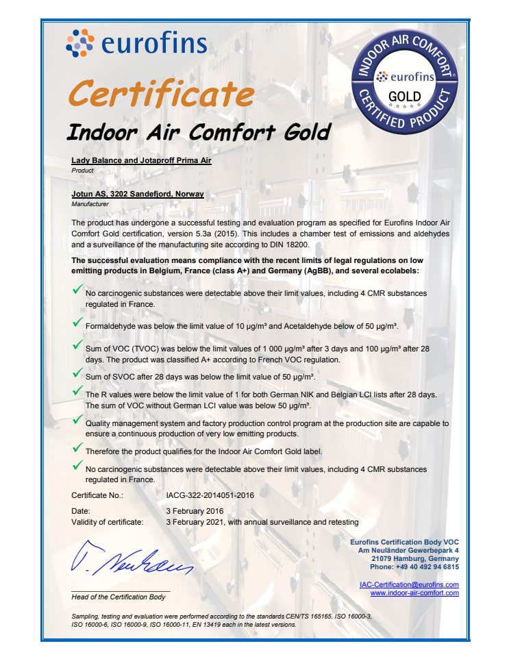 Certifikat Indoor Air Comfort GOLD