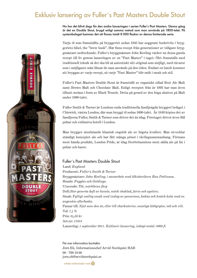 Exklusiv lansering av Fuller´s Past Masters Double Stout