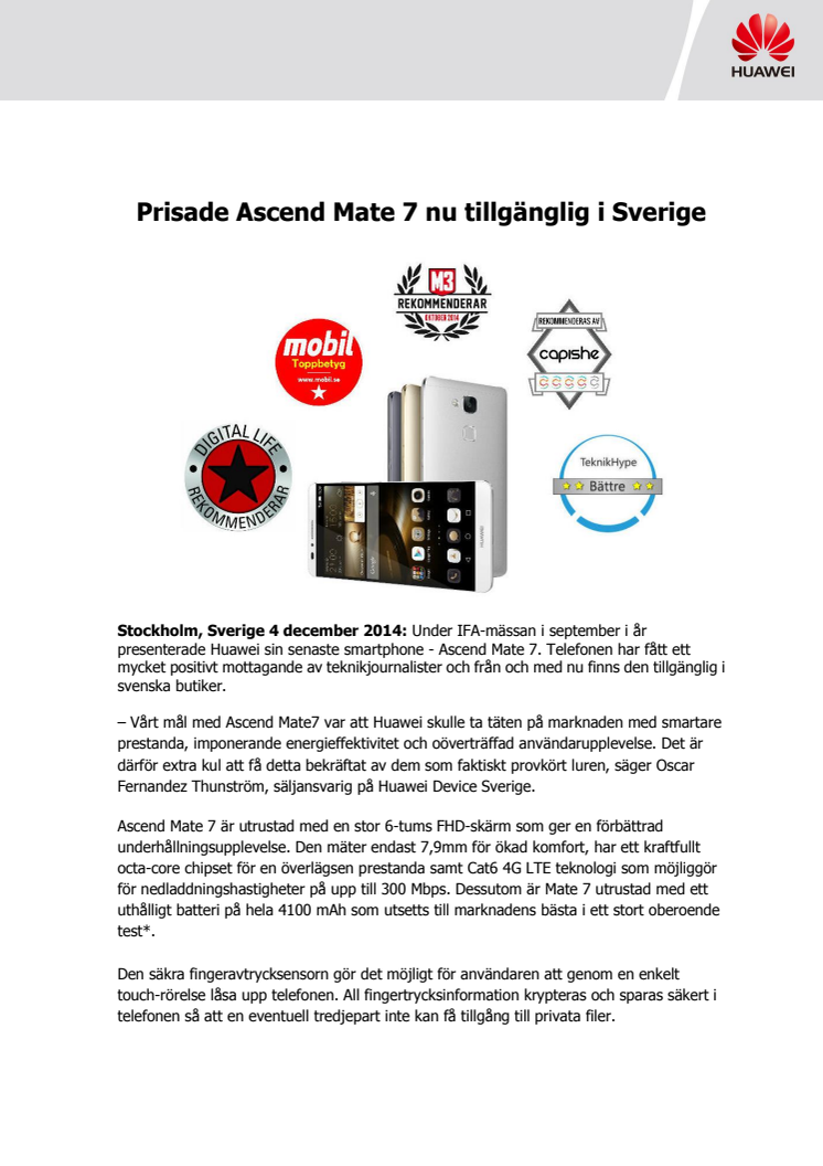 Prisade Ascend Mate 7 nu tillgänglig i Sverige