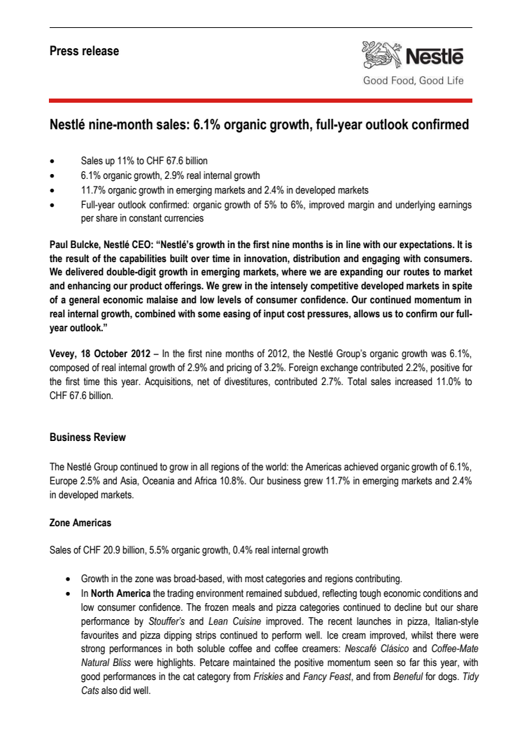 Nestlé nine-month sales: 6.1% organic growth, full-year outlook confirmed 