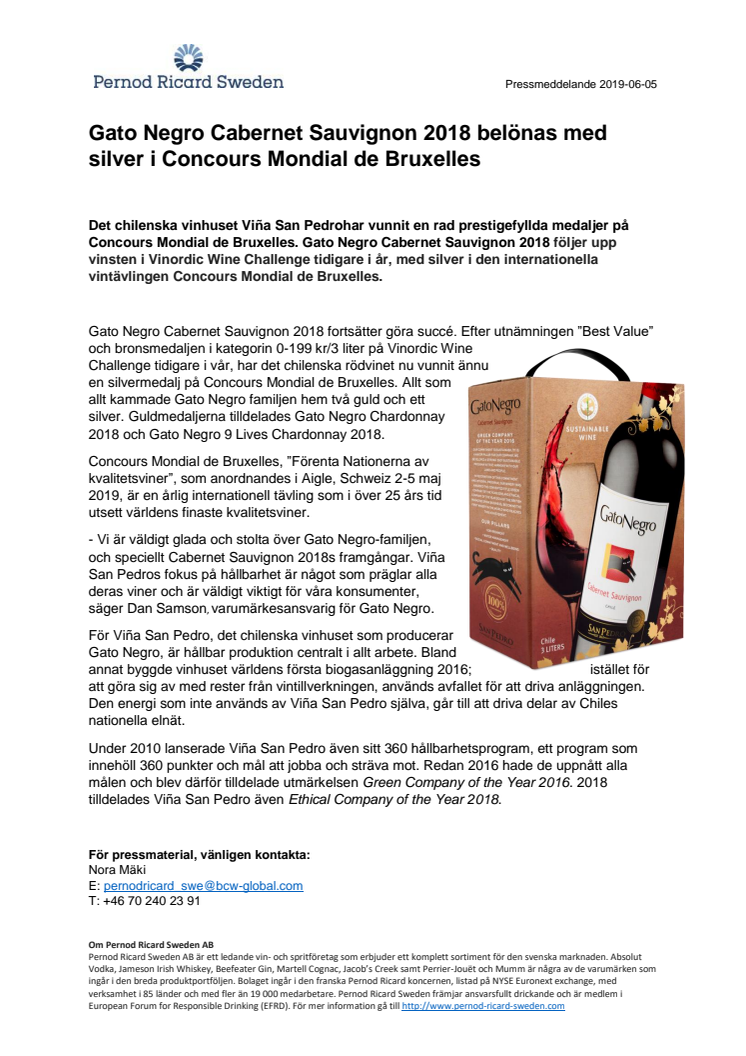 Gato Negro Cabernet Sauvignon 2018 belönas med silver i Concours Mondial de Bruxelles