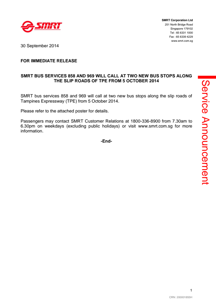 SMRT Bus Services 858 and 969 will call at two new bus stops along the slip roads of TPE from 5 Oct 2014