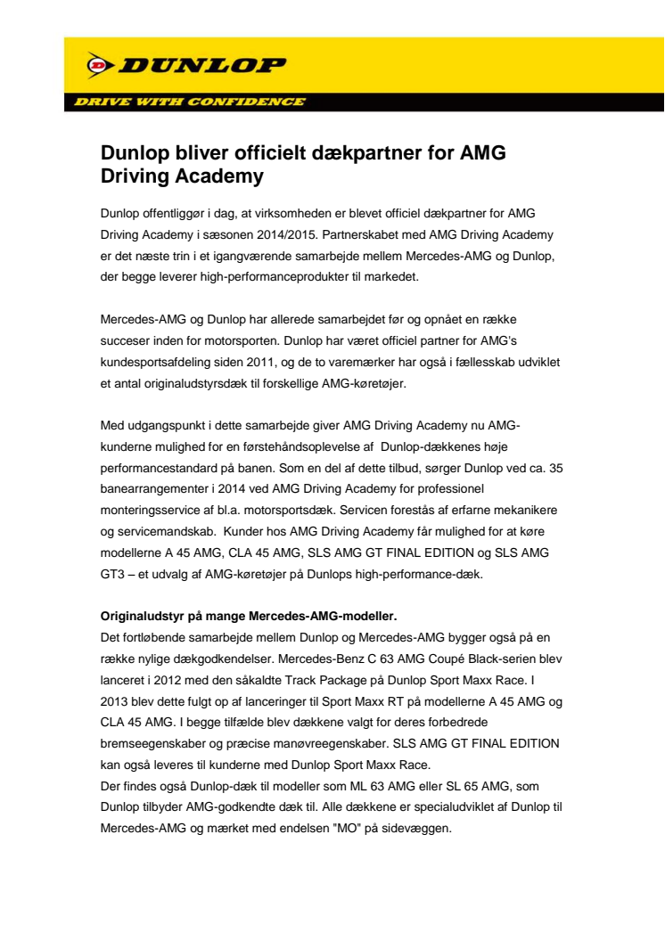Dunlop bliver officielt dækpartner for AMG Driving Academy