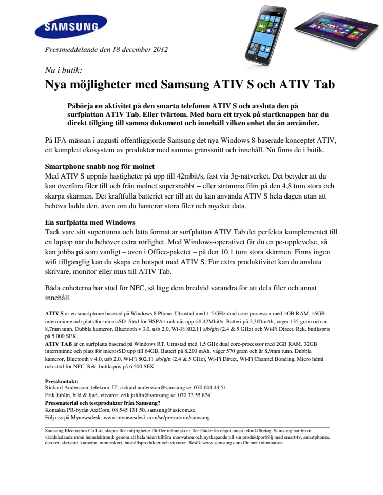 Nu i butik: Nya möjligheter med Samsung ATIV S och ATIV Tab