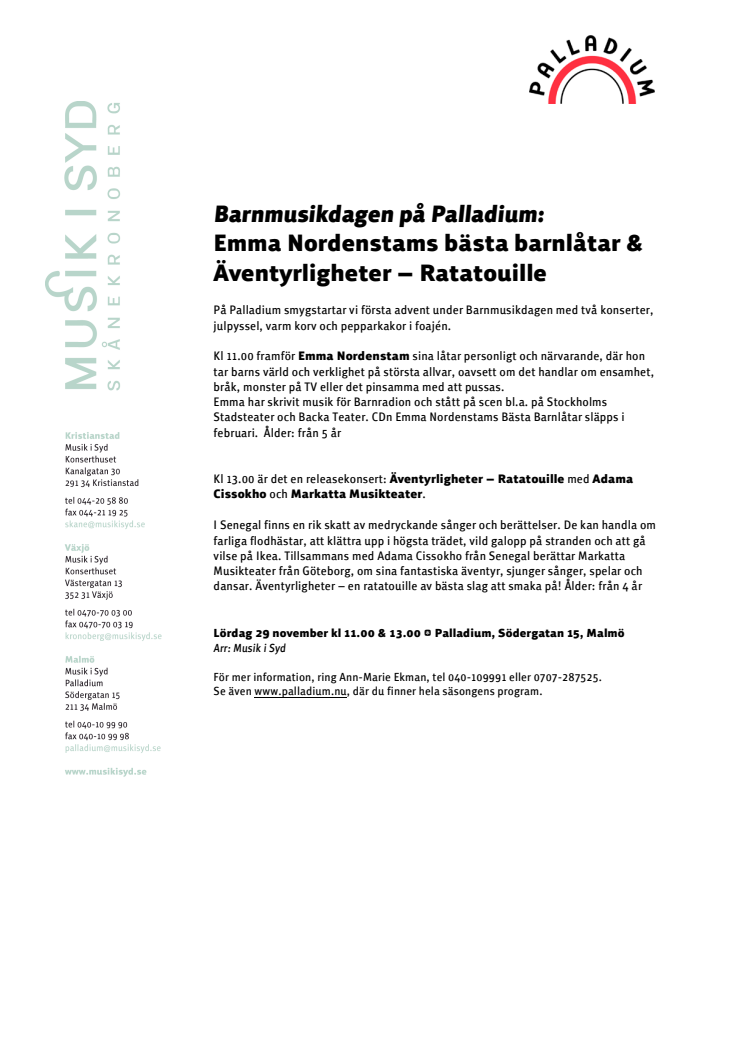 Barnmusikdagen på Palladium 29 nov: Emma Nordenstams bästa barnlåtar & Äventyrligheter – Ratatouille  