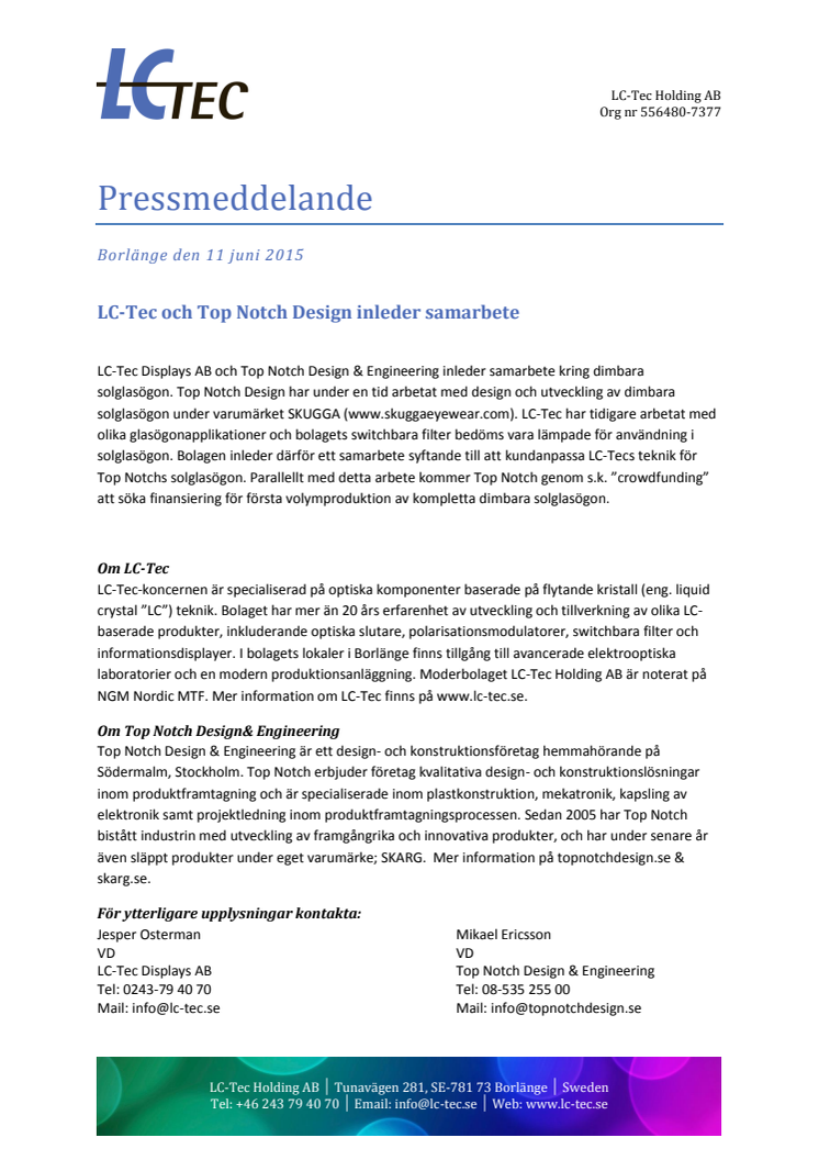 LC-Tec och Top Notch Design inleder samarbete kring dimbara solglasögon