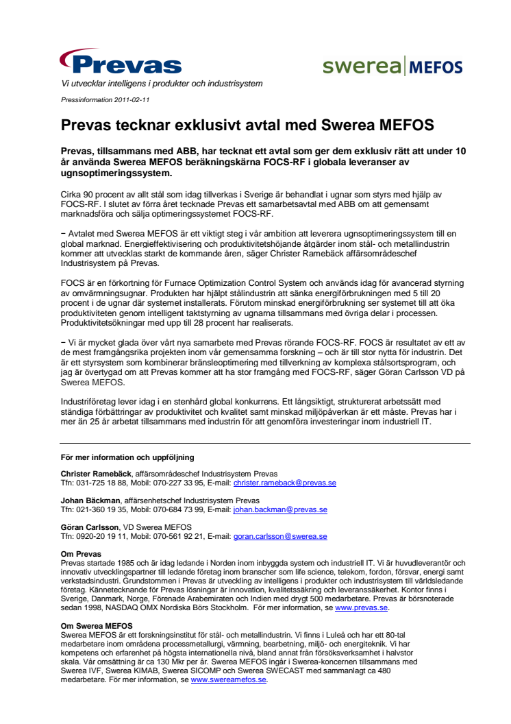 Prevas tecknar exklusivt avtal med Swerea MEFOS