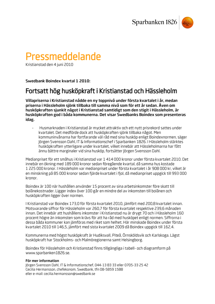 Swedbank Boindex kvartal 1 2010: Fortsatt hög husköpkraft i Kristianstad och Hässleholm