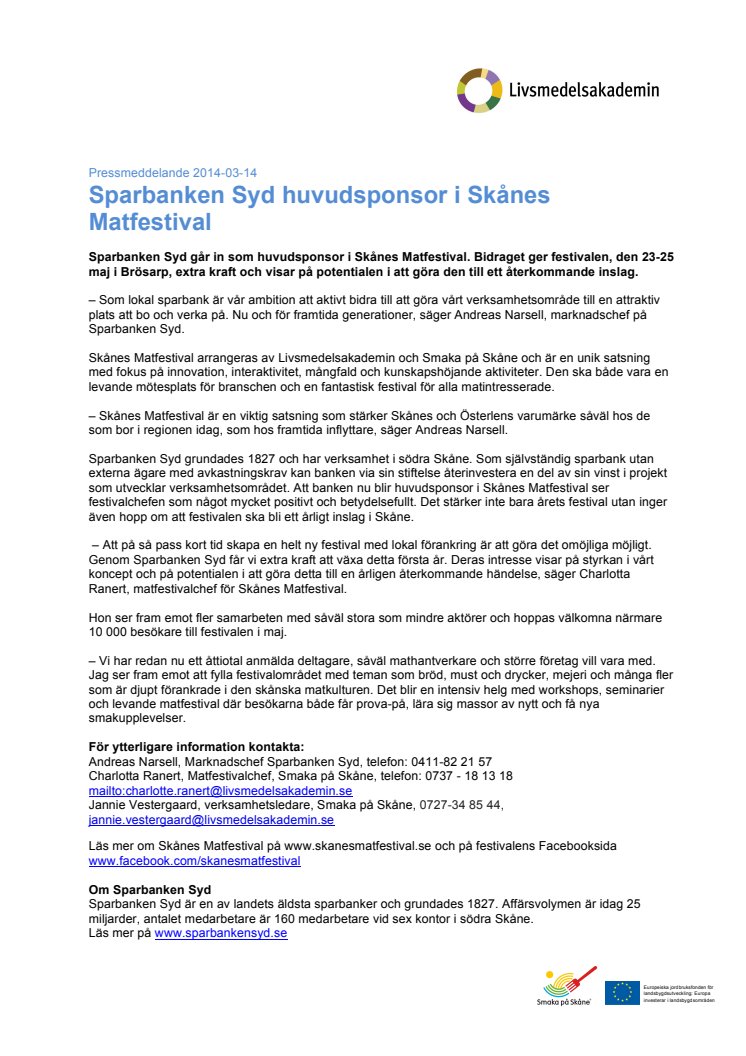 Sparbanken Syd huvudsponsor i Skånes Matfestival
