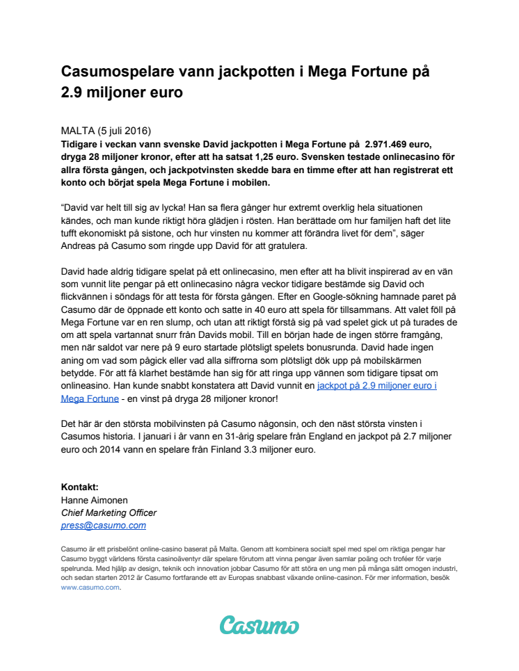Casumospelare vann jackpotten i Mega Fortune på  2.9 miljoner euro