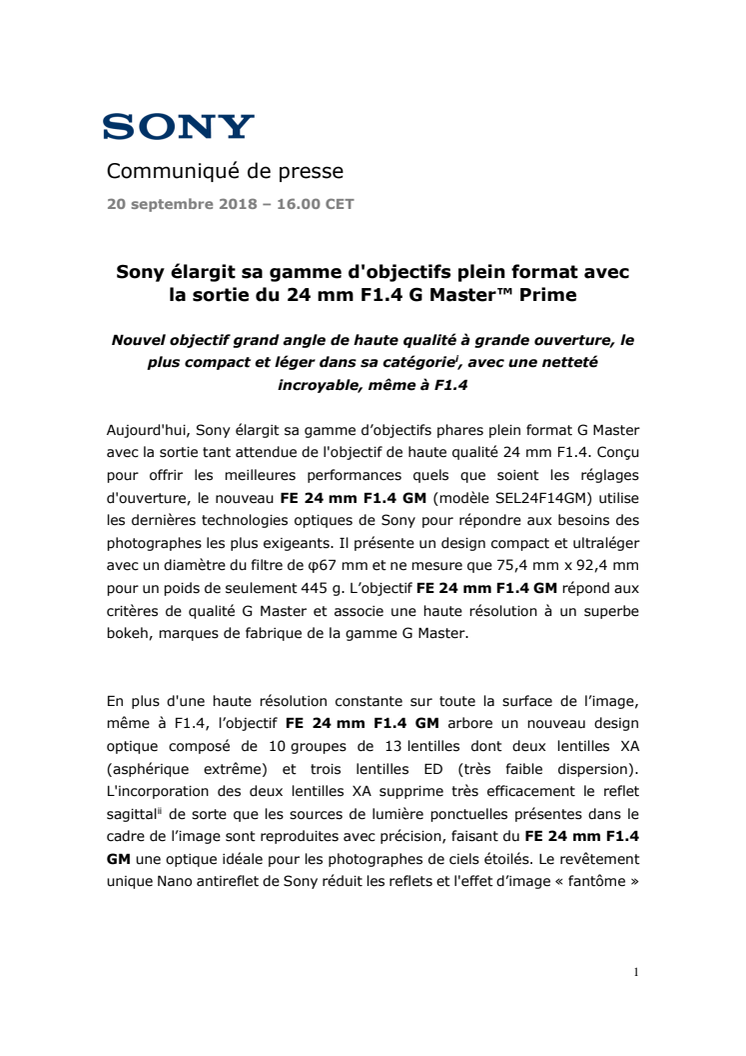 Sony élargit sa gamme d'objectifs plein format avec la sortie du 24 mm F1.4 G Master™ Prime 