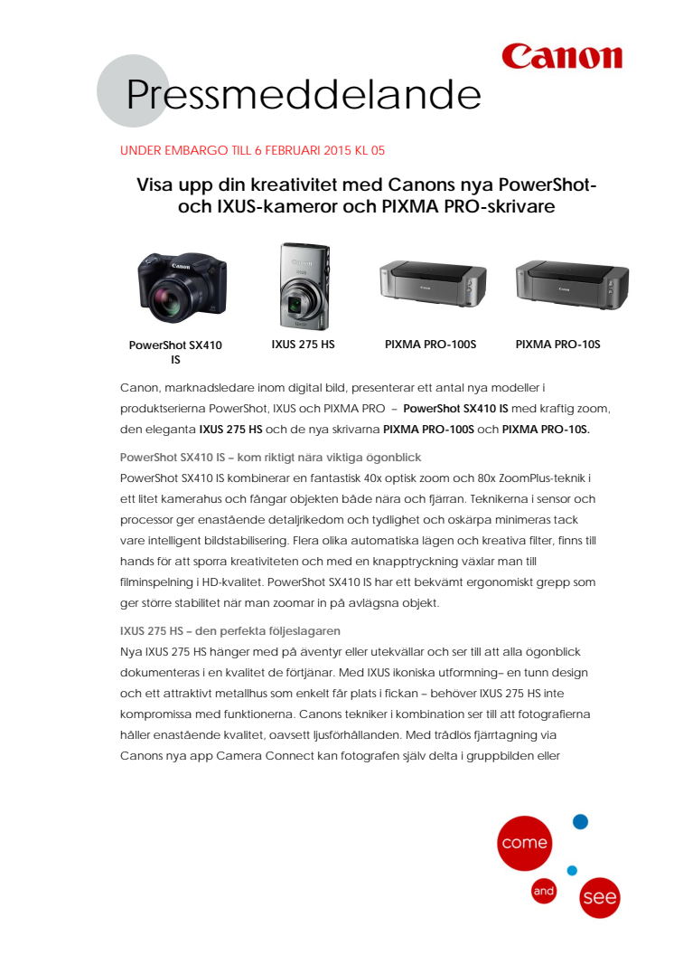 Visa upp din kreativitet med Canons nya PowerShot- och IXUS-kameror och PIXMA PRO-skrivare