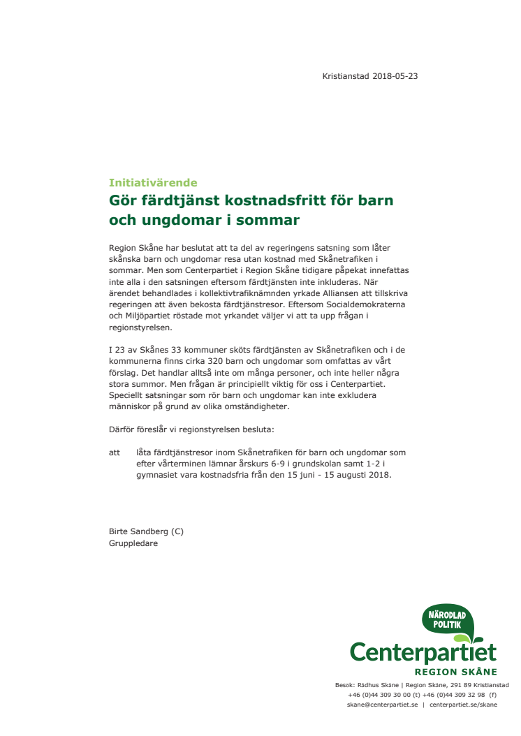 Initiativärende: Gör färdtjänst kostnadsfritt för barn och ungdomar i sommar