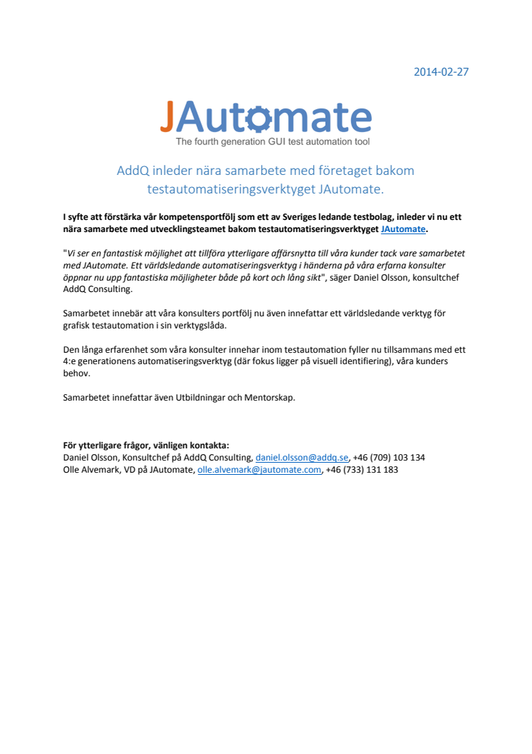 AddQ inleder nära samarbete med företaget bakom testautomatiseringsverktyget JAutomate.