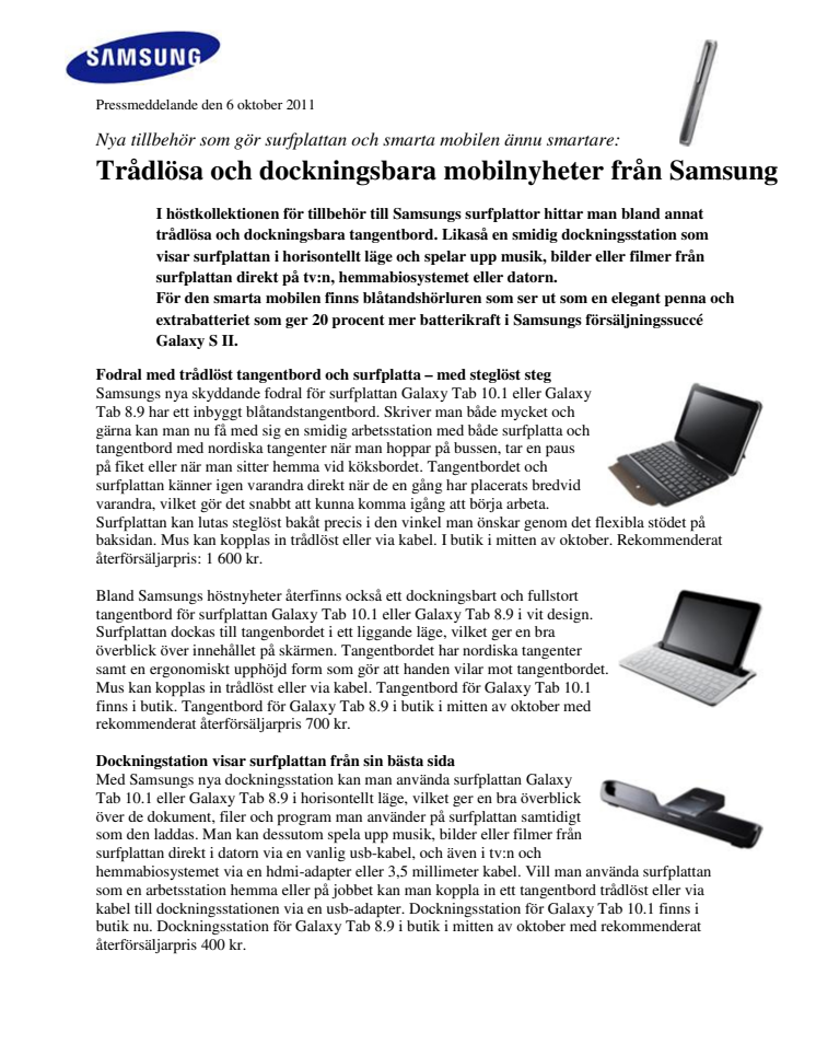 Trådlösa och dockningsbara mobilnyheter från Samsung