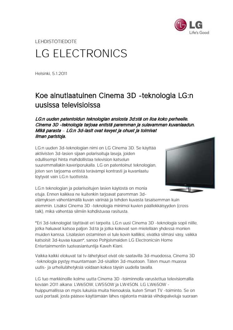 Koe ainutlaatuinen Cinema 3D -teknologia LG:n uusissa televisioissa