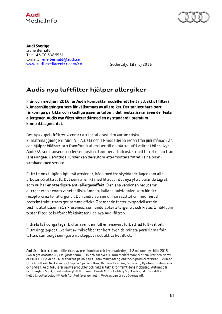 Audis nya luftfilter hjälper allergiker