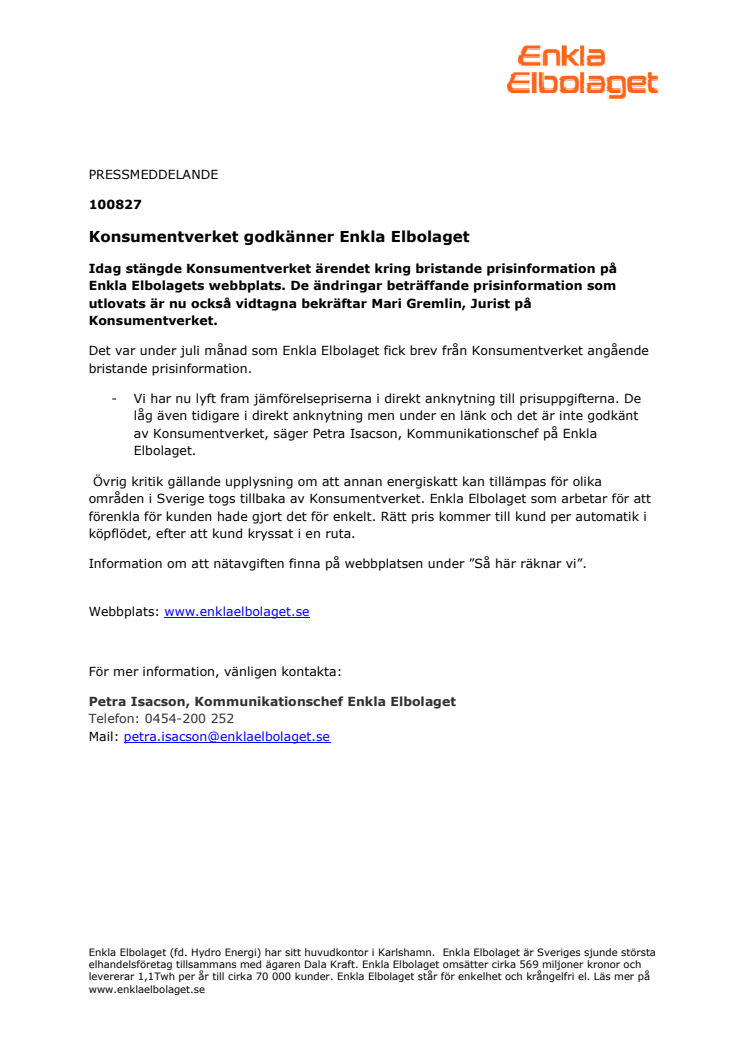 Konsumentverket godkänner Enkla Elbolaget