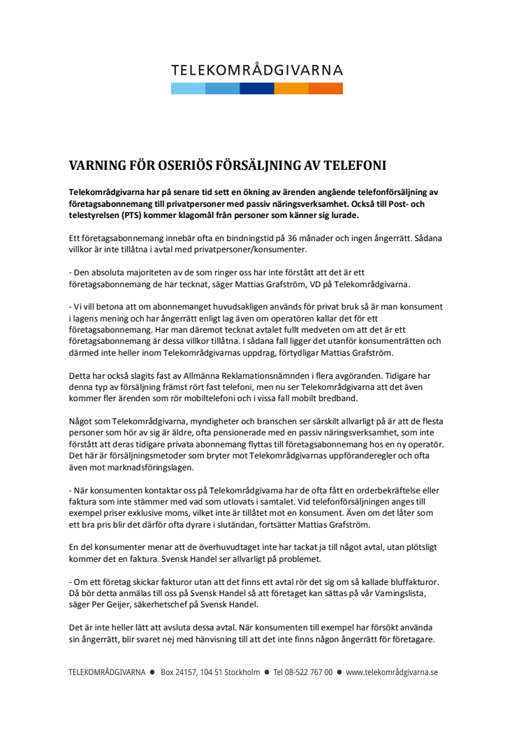 Varning för oseriös försäljning av telefoni