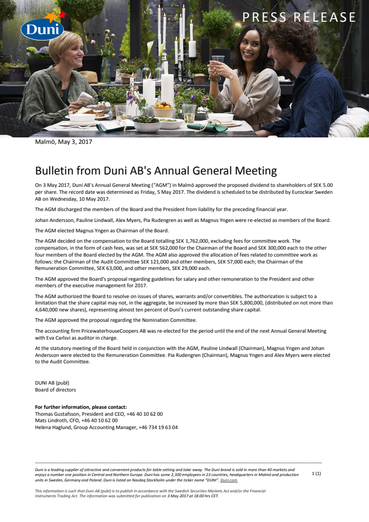 Bulletin from Duni AB's Annual General Meeting 