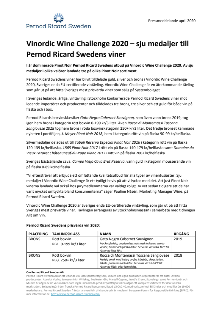 Vinordic Wine Challenge 2020 – sju medaljer till Pernod Ricard Swedens viner