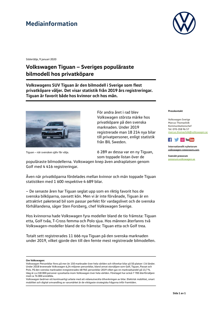 Volkswagen Tiguan − Sveriges populäraste bilmodell hos privatköpare
