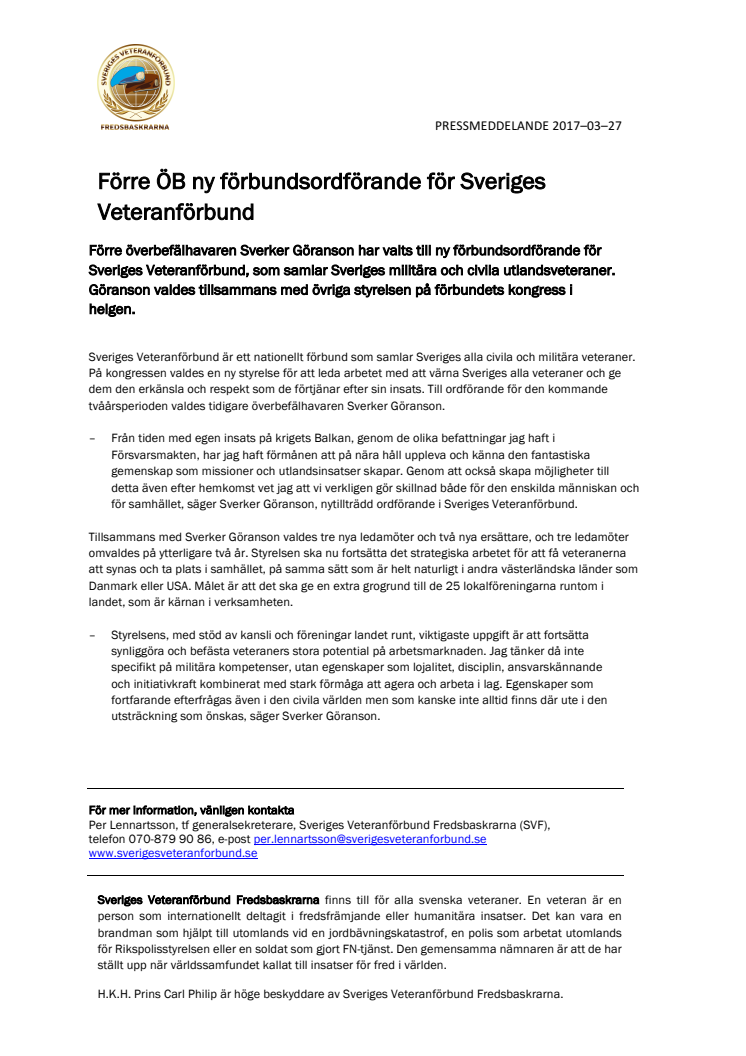 Förre ÖB ny förbundsordförande för Sveriges Veteranförbund