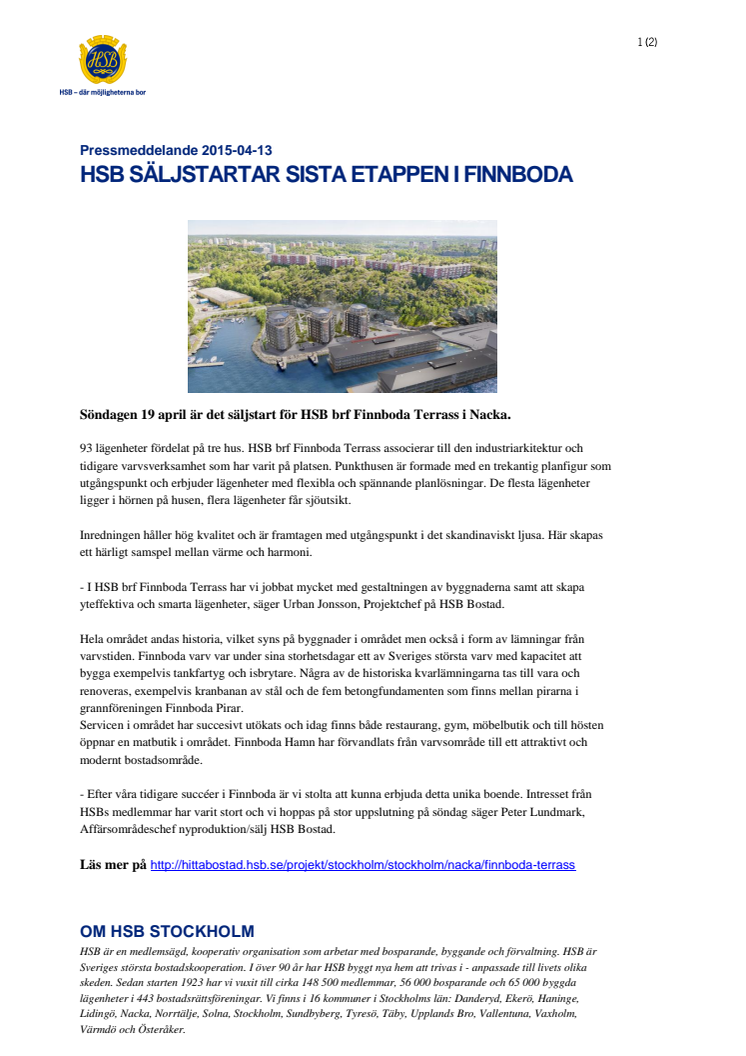 HSB säljstartar sista etappen i Finnboda