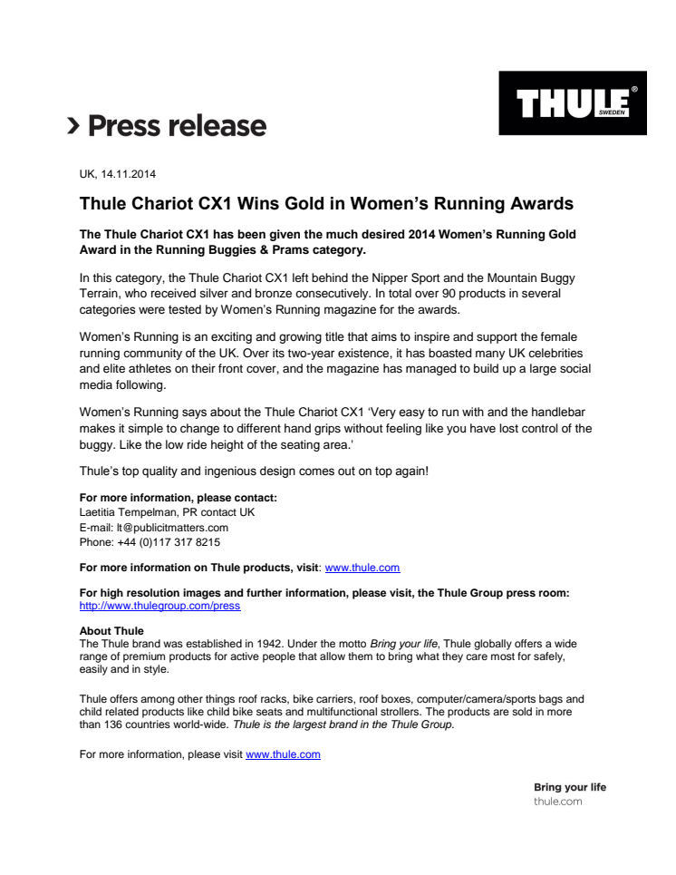 Thule Chariot CX1 Wins Gold in Women’s Running Awards