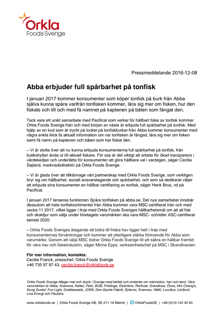 ​​Abba erbjuder full spårbarhet på tonfisk 