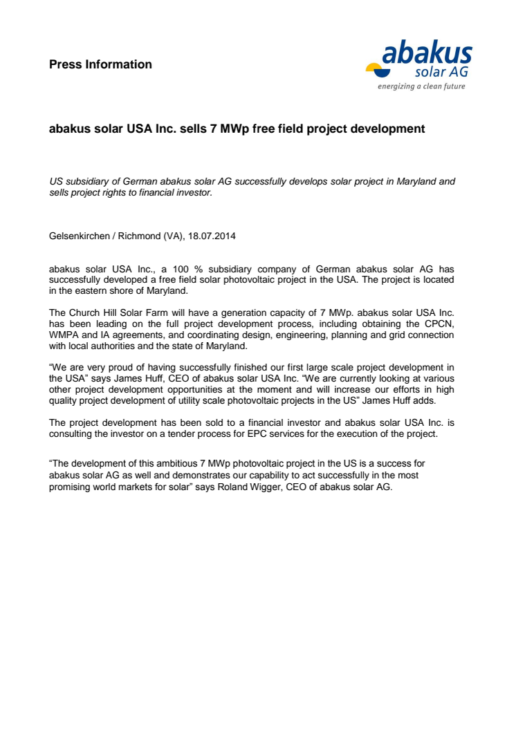 abakus solar USA Inc. sells 7 MWp free field project development