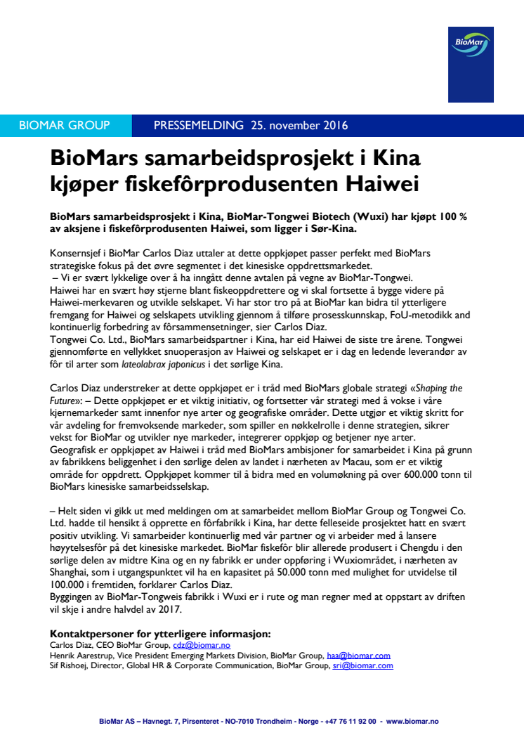 BioMars samarbeidsprosjekt i Kina kjøper fiskefôrprodusenten Haiwei