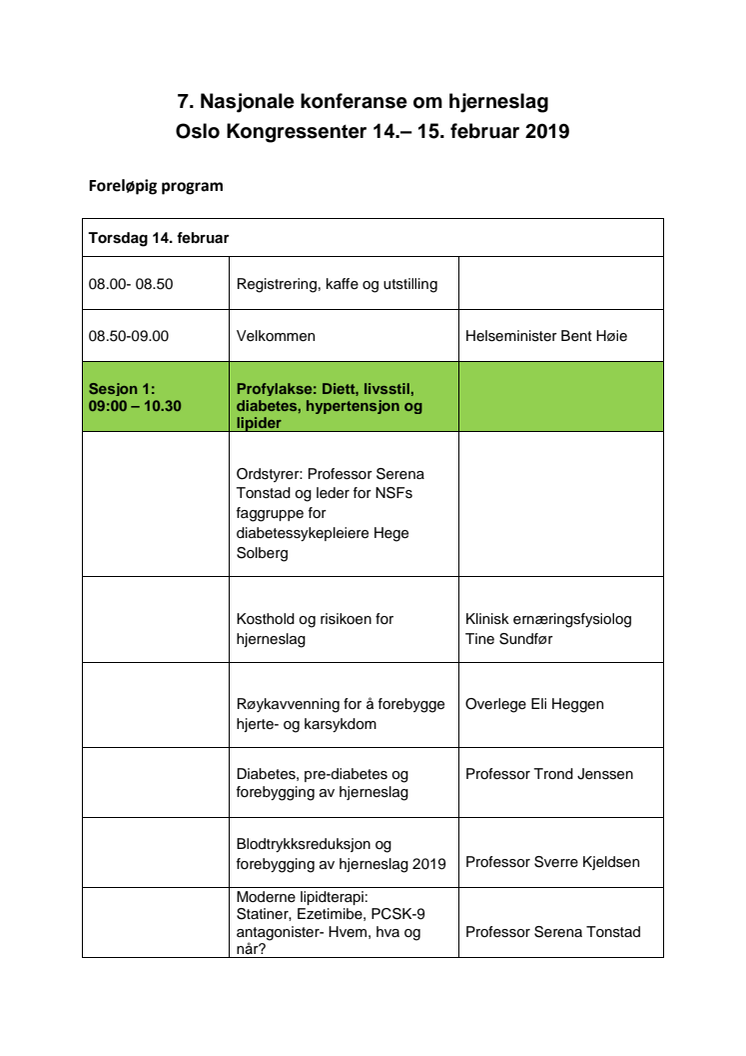 Program konferansen om hjerneslag 2019